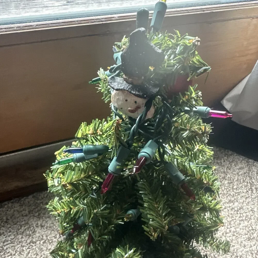 Miniature Table Top Christmas Tree With Working Lights And Cardinal Topper